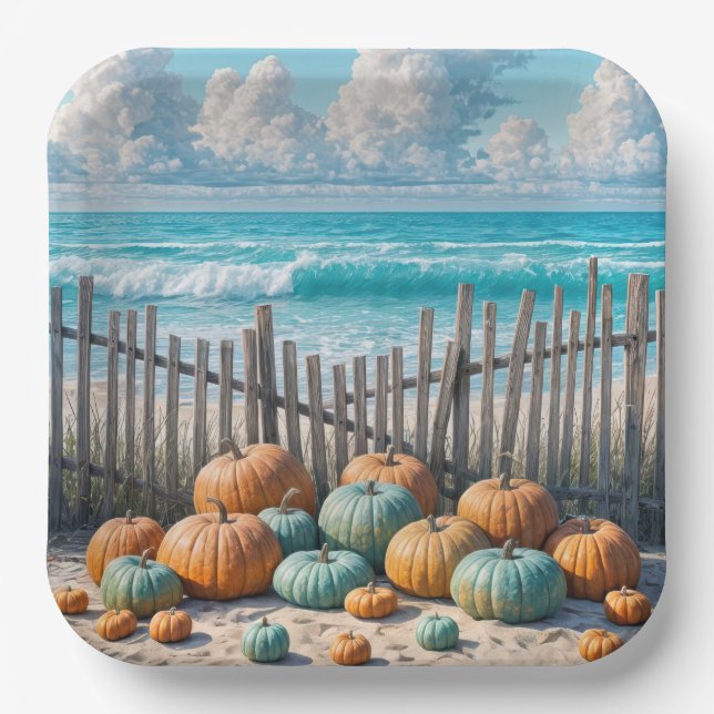 Assiettes En Carton Citrouilles d'automne sur une plage (Recto)