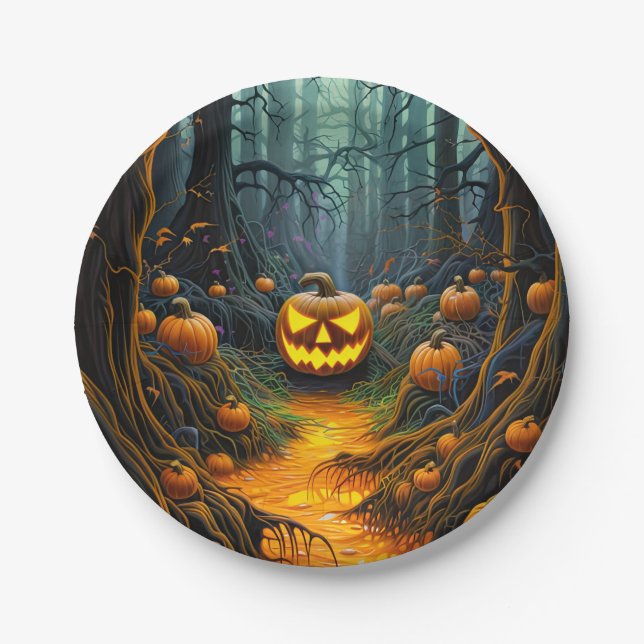 Assiettes En Carton Citrouilles de Halloween Déplaisant Jack-o'-lanter (Devant)