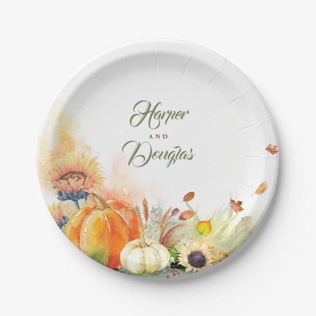 Assiettes En Carton Citrouilles de la récolte d'automne et tournesols  (Devant)