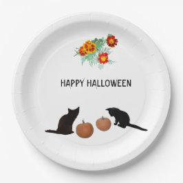 Assiettes En Carton Citrouilles d'Halloween, Chats noirs, Marigolds