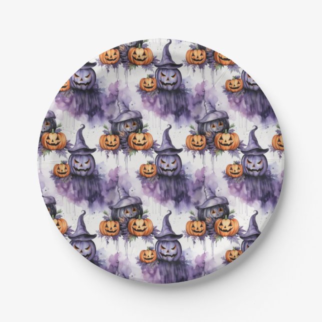 Assiettes En Carton citrouilles éffrayants, motif Halloween (Devant)