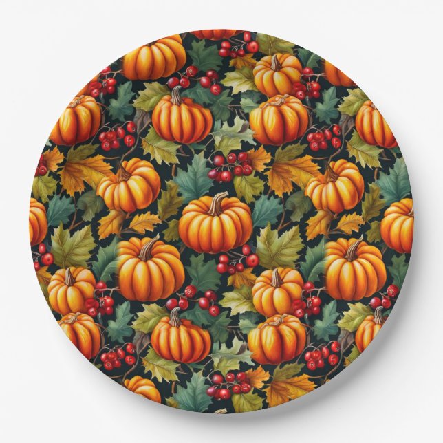 Assiettes En Carton Citrouilles en Feuille avec baies (Devant)