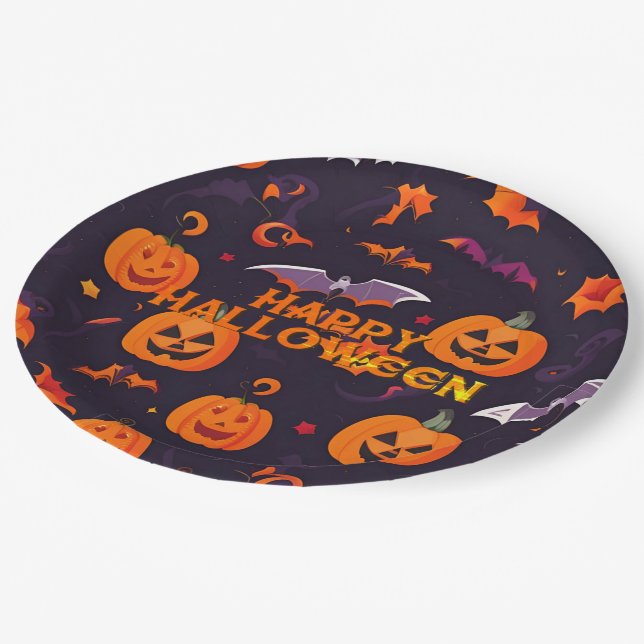 Assiettes En Carton Citrouilles et chauves-souris mignonnes (Angle)