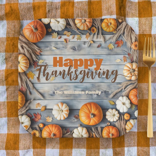 Assiettes En Carton Citrouilles et Feuilles d'automne sur Wood Thanksg (Créateur téléchargé)