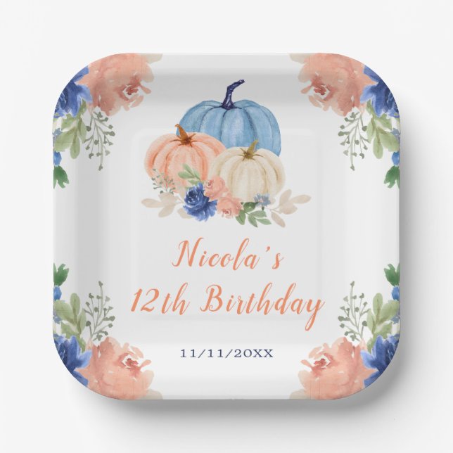 Assiettes En Carton Citrouilles floral bleu et bleu marine (Recto)