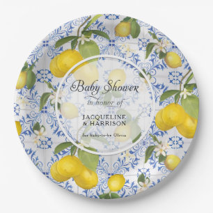 Assiettes En Carton Citrus citron Folial Baby shower bleu blanc