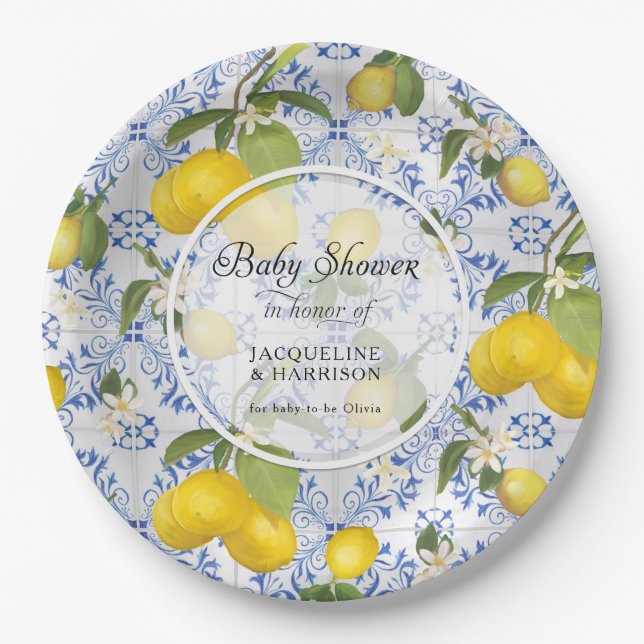 Assiettes En Carton Citrus citron Folial Bleu Baby shower blanc (Devant)