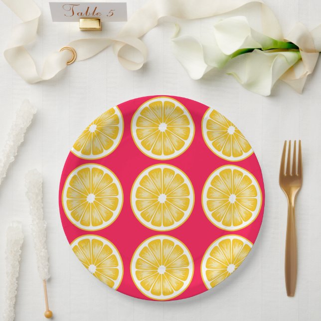 Assiettes En Carton Citrus Citron tranche Hot rose et jaune (Mariage)