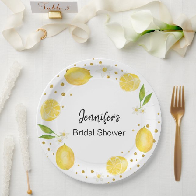 Assiettes En Carton Citrus de citron et or (Mariage)