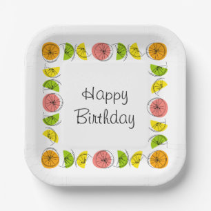 Assiettes En Carton Citrus Multi Carré Joyeux anniversaire