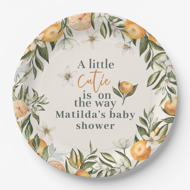 Assiettes En Carton Citrus, orange + fleur bébé shower mignonne (Devant)