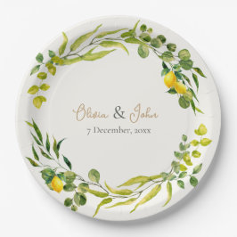 Assiettes En Carton Citrus Yellow and Green Watercolor Lemon Wedding
