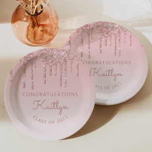 Assiettes En Carton Classe de 2022 Pink Parties scintillant Drip Gradu