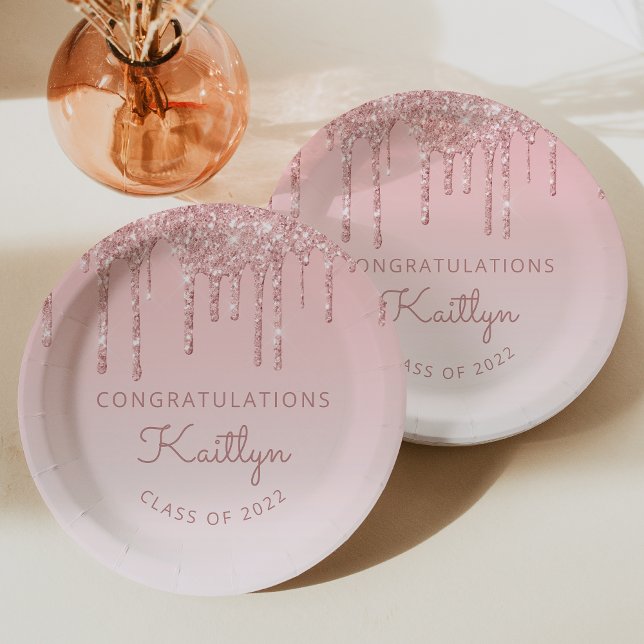 Assiettes En Carton Classe de 2022 Pink Parties scintillant Drip Gradu (Créateur téléchargé)