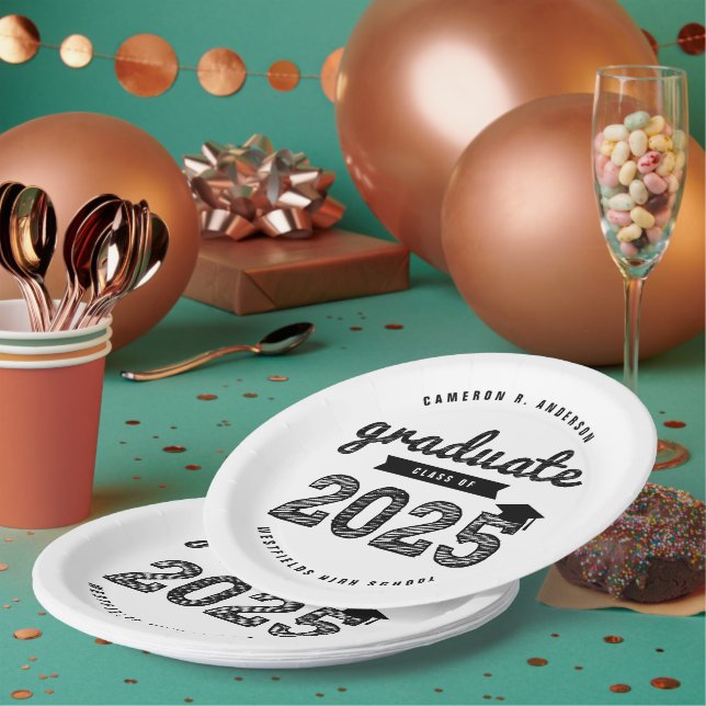Assiettes En Carton Classe De 2025 Black Sketch Graduation Party (Multi)