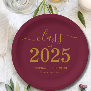 Assiettes En Carton Classe de 2025 Gold Maroon Graduation Party