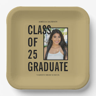 Assiettes En Carton Classe De 25 Black & Gold Photo Graduation Party
