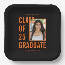 Assiettes En Carton Classe De 25 Black & Orange Photo Graduation Party