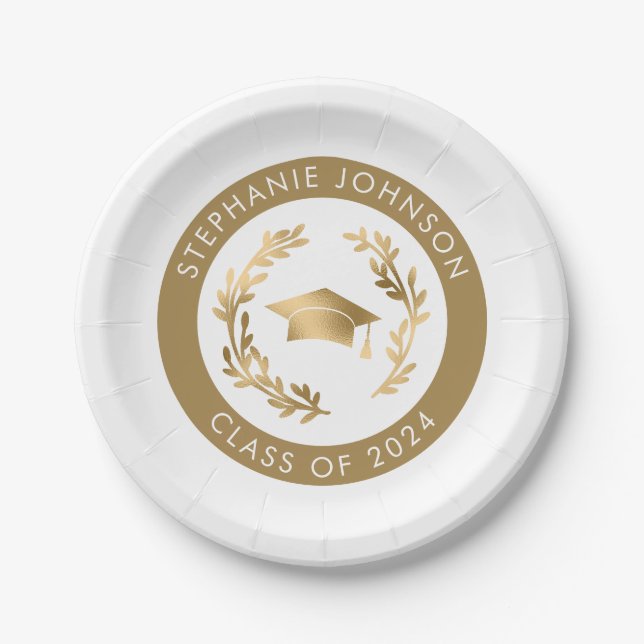 Assiettes En Carton Classe de Gold sur White Graduation Party 2024 (Devant)