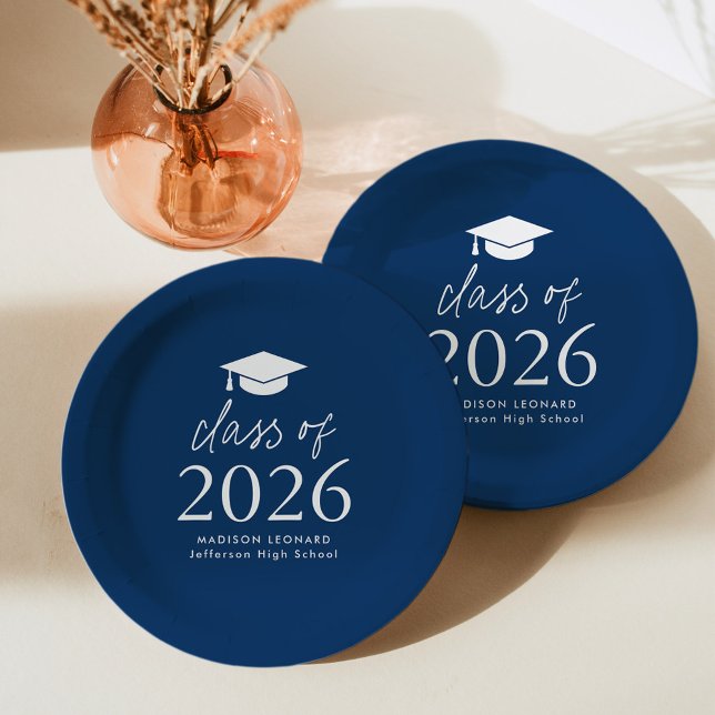 Assiettes En Carton Classe moderne de 2025 Script Navy Blue Graduation (Créateur téléchargé)