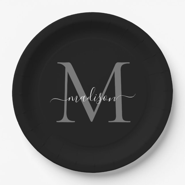 Assiettes En Carton Classique Gris Noir Monogramme Moderne Écriture No (Devant)