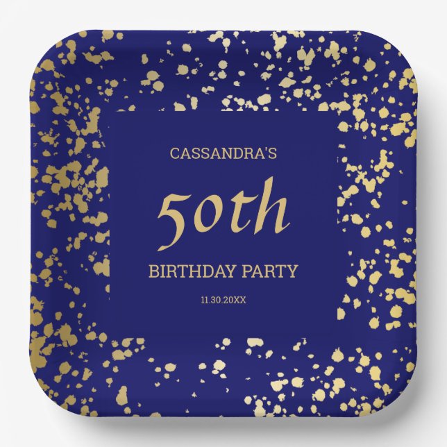 Assiettes En Carton Classy Egypt Gold Sprinkings Marine Blue Anniversa (Recto)