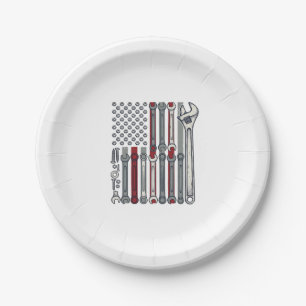 Assiettes En Carton Clé de mécanicien Drapeau Gravure vintage Vecteur