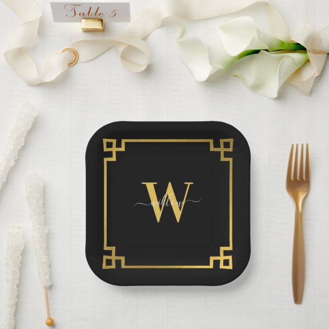 Assiettes En Carton Clé grecque noire et or Monogramme (Mariage)