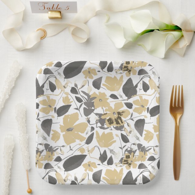 Assiettes En Carton Clematis Fleurs Gris Jaune Botanique (Mariage)
