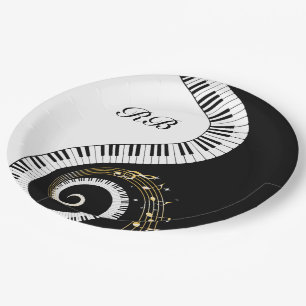 Assiettes En Carton Clés de piano de monogramme et notes musicales