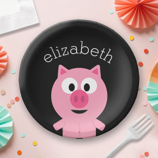 Assiettes En Carton Cochon de ferme en caricatures - rose et noir
