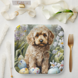 Assiettes En Carton Cockapou avec les oeufs de Pâques vacances