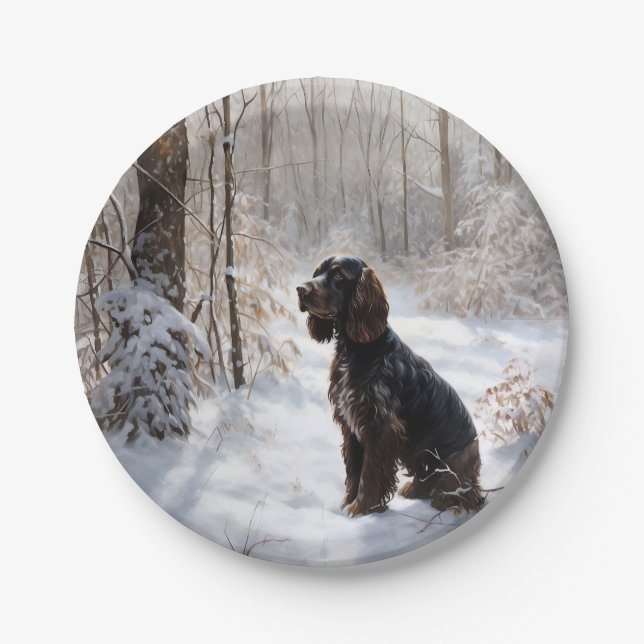 Assiettes En Carton Cocker Spaniel Laisser Neige Noël (Devant)