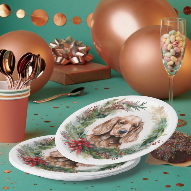 Assiettes En Carton Cocker Spaniel Noël Wreath Festive Pup (Multi)