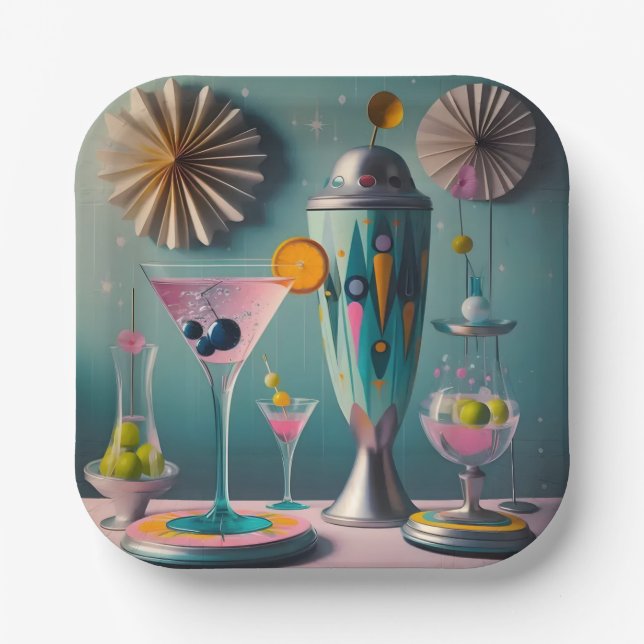 Assiettes En Carton Cocktail atomique futuriste du milieu du siècle (Recto)