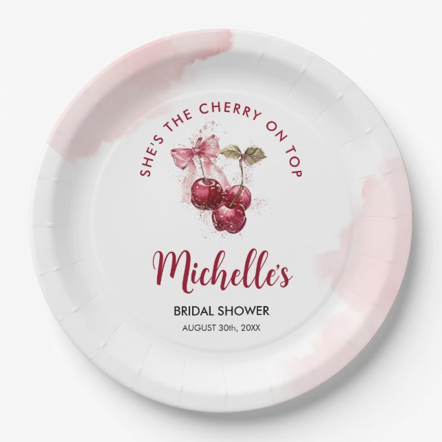 Assiettes En Carton Cocktail Mariage Été Cerise sur le Ruban (Devant)