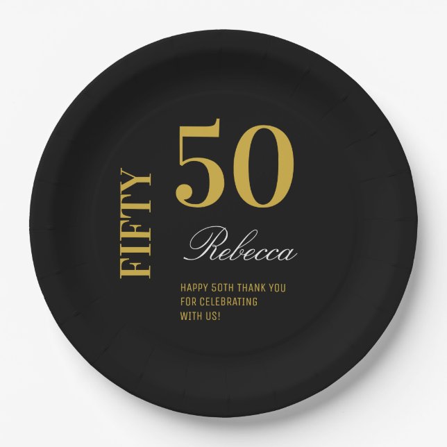 Assiettes En Carton Cocktail minimum Black & Gold 50th Birthday Party (Devant)