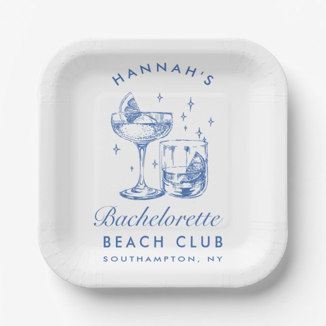 Assiettes En Carton Cocktail moderne rétro Bachelorette Bleu (Recto)