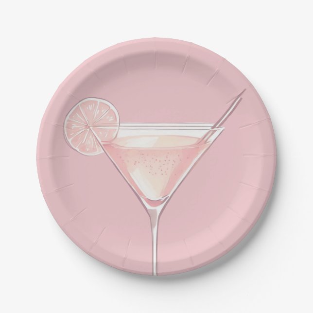 Assiettes En Carton Cocktail rose moderne Anniversaire (Devant)