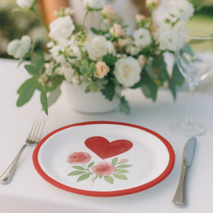 Assiettes En Carton Cœur charmant et roses roses pour la Saint-Valenti
