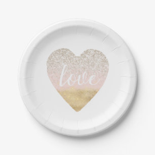 Assiettes En Carton Coeur d'amour rose et rouge-or