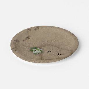 Assiettes En Carton Coeur dans le sable avec les initiales