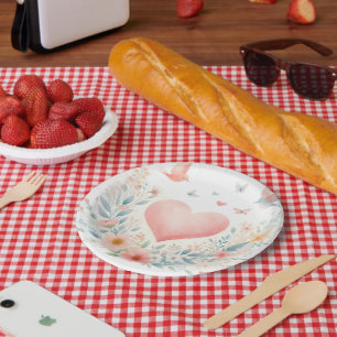 Assiettes En Carton Cœur d'aquarelle douce Amour Fleurs Oiseaux