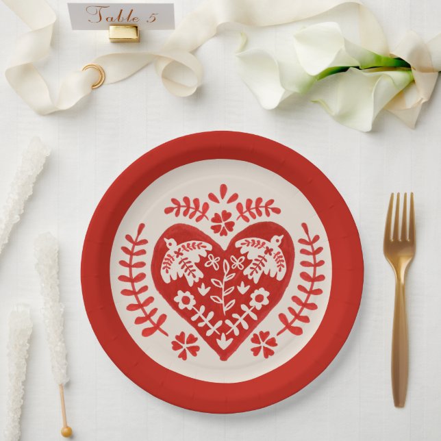 Assiettes En Carton Coeur d'art populaire rouge et blanc (Mariage)