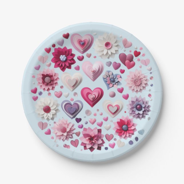 Assiettes En Carton Coeur de la Saint Valentin florale (Devant)