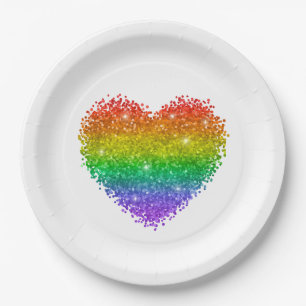 Assiettes En Carton coeur de parties scintillant arc-en-ciel
