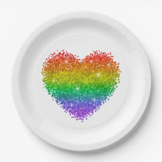 Assiettes En Carton coeur de parties scintillant arc-en-ciel