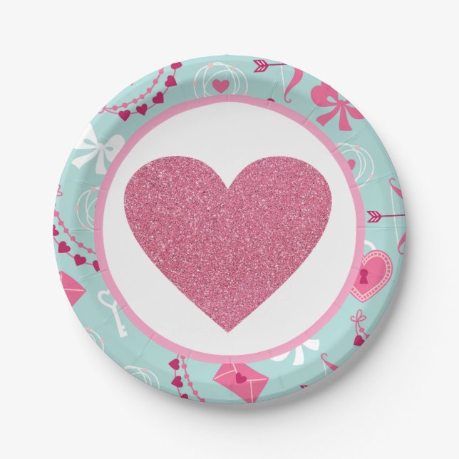 Assiettes En Carton Coeur de Parties scintillant bleu rose Valentines (Devant)