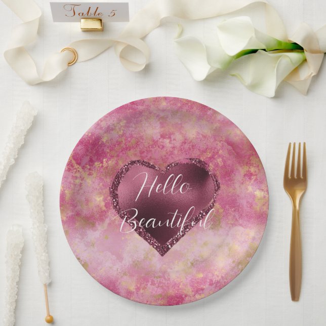 Assiettes En Carton Coeur de Parties scintillant cerise de Bourgogne (Mariage)