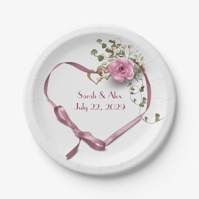Assiettes En Carton Coeur de ruban rose avec Rose (Devant)